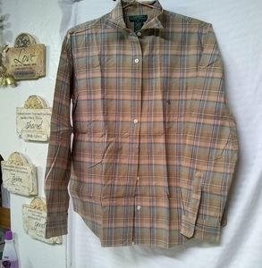 LRL Ralph Lauren Womens Shirt  Button Up Plaid Cowboy Beige Long Sleeves M/40